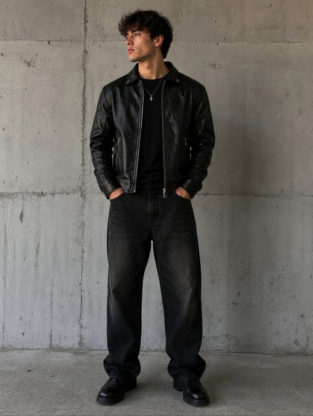 Black Faux Leather Zip Front Jacket - Unknown Brand